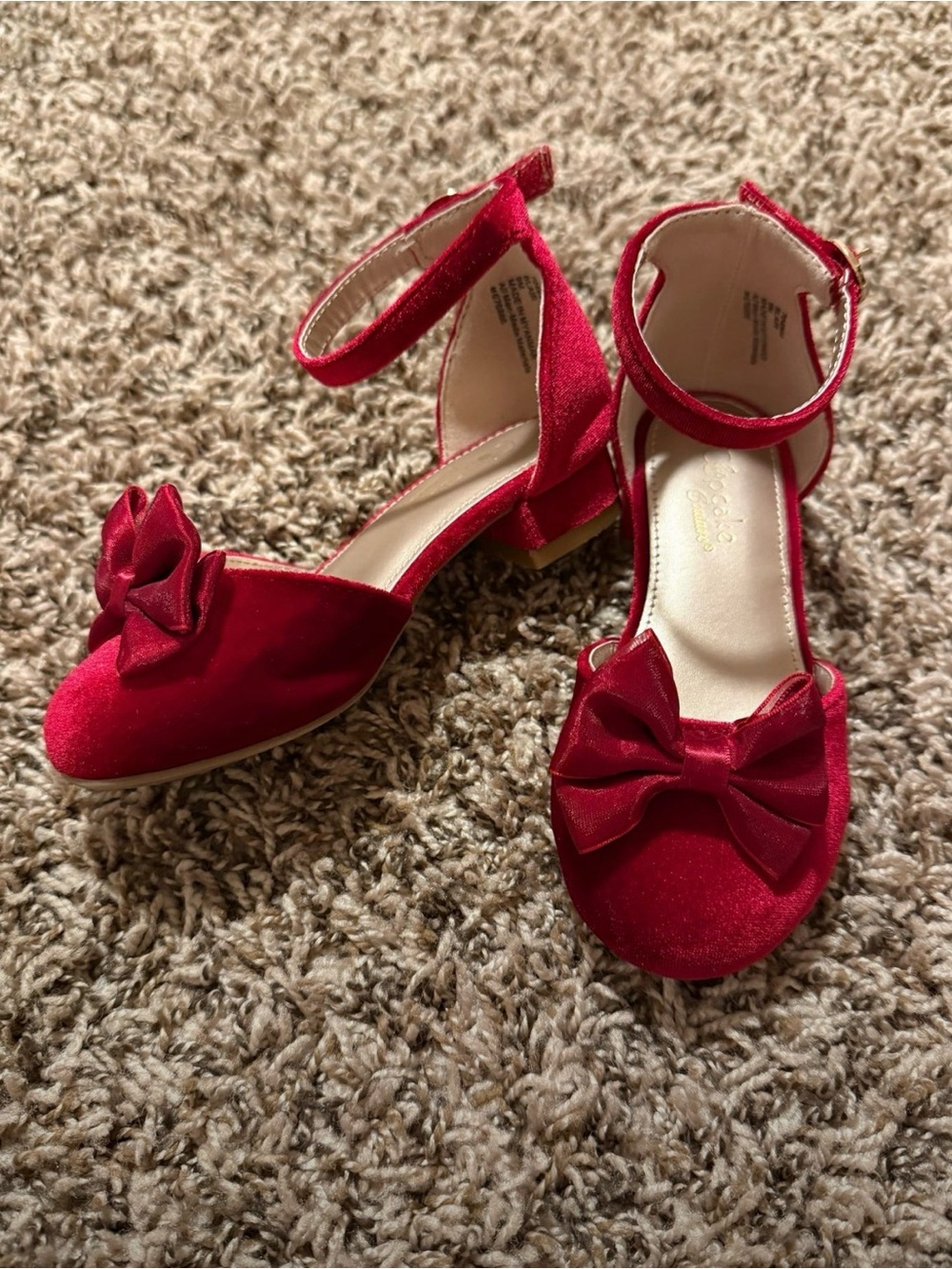 Girls Red Velvet Ankle-Strap Dress Shoes with Bow Accent - Picture 2 of 2